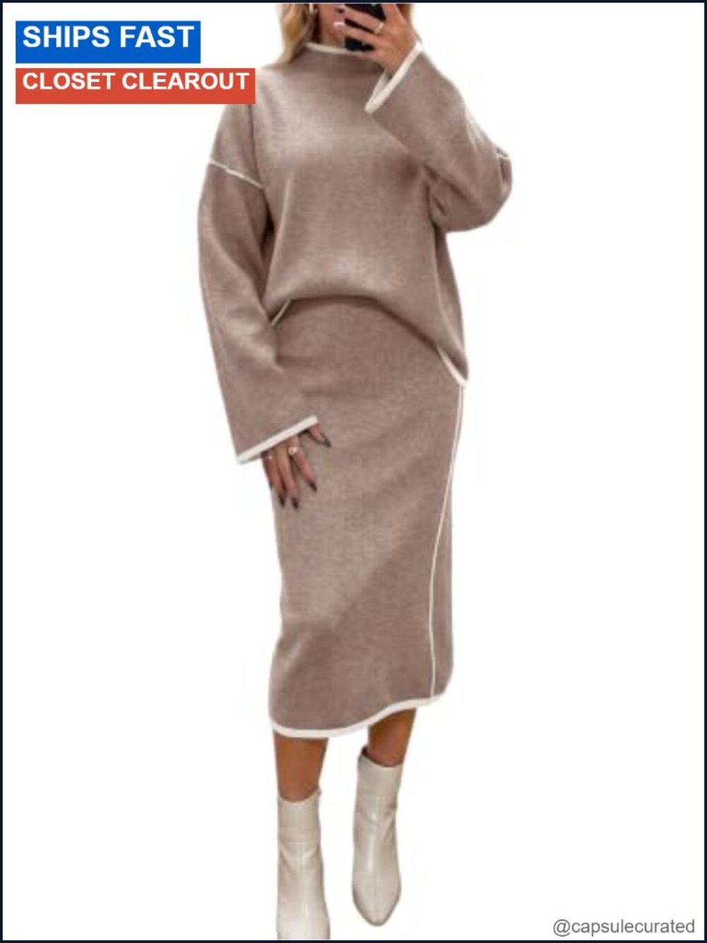 Women's 2 Piece Mock Neck Sweater Dress Midi Skirt Set Long Sleeve Knit